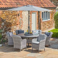 ST TROPEZ STONE 6 SEAT DINING SET WITH PARASOL LUXURY RATTAN GARDEN FURNITURE RRP £2229