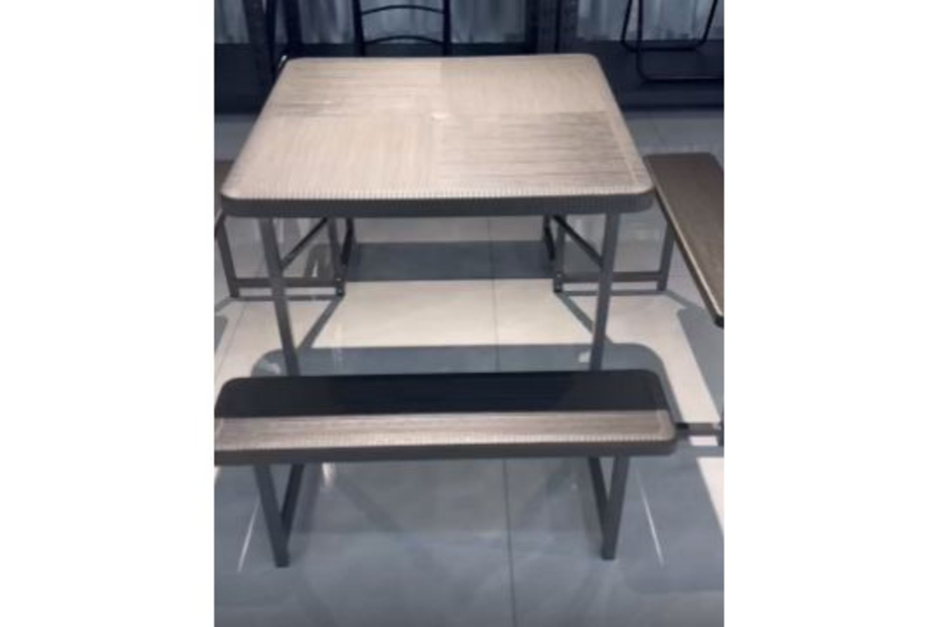 BULK LOT OF 5 NEW AND BOXED VIVOFUORI 34" SQUARE PICNIC TABLE SET. L86*W86*H74CM (TABLE)