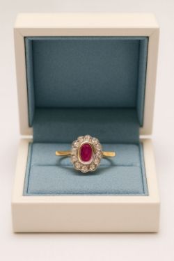 PRELOVED RUBY & DIAMOND 18CT YELLOW GOLD RING. SIZE M