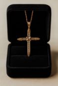 PRELOVED 9CT YELLOW CROSS AND ROSE GOLD CHAIN WITH CUBIC ZIRCONIA STONES