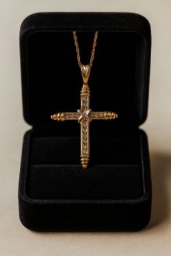 PRELOVED 9CT YELLOW CROSS AND ROSE GOLD CHAIN WITH CUBIC ZIRCONIA STONES