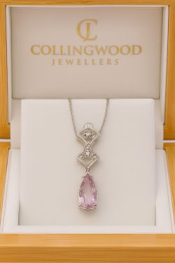 KUNZITE & DIAMOND PENDANT 18CT WHITE GOLD