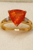 18CT YELLOW GOLD HEART SHAPE FIRE OPAL & DIAMONDS/ SIZE O