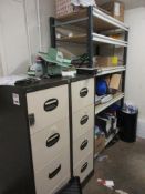 Two metal 4-drawer filing cabinets, 1 x bay of boltless racking, 1.2m x 600 x height 2m (excluding