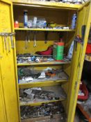 Three metal 2-door and single door storage cupboards with contents including gloves, hoses,