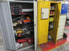 Two metal 2-door storage cupboards with contents including consumables, grease guns, washers,