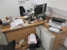 Two light wood effect corner workstations, 2 x light wood effect pedestals, white melamine top