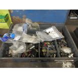 Multi compartment cabinet containing bolts, nuts, washers and toolbox containing pipe fittings and 3