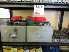 Contents of shelf to include various soft jaws, tooling and two single drawer cabinets