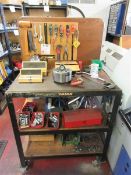 Contents of work bench to include heavy duty morse taper live centers, chuck, hand tools & tool box