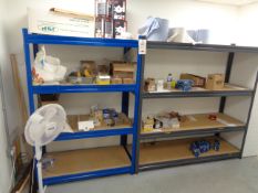 Two adjustable storage racks and assorted consumable stock, contents to include JSP masks, nuts,
