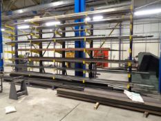 Five steel upright cantilever storage racks with 9 shelves and assorted bar, tube and angled steel