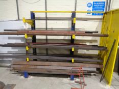 Two steel upright cantilever storage racks with 5 shelves and assorted tube, bar and angled steel