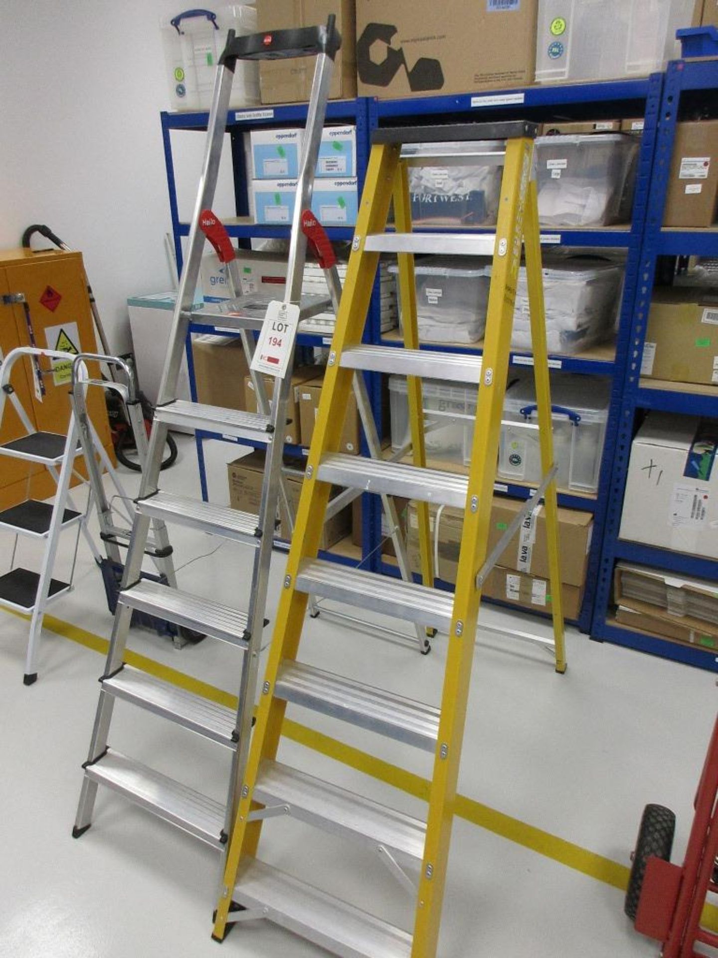 Fibreglass step ladder 8 tread, one Hailo aluminium step ladder 6 tread