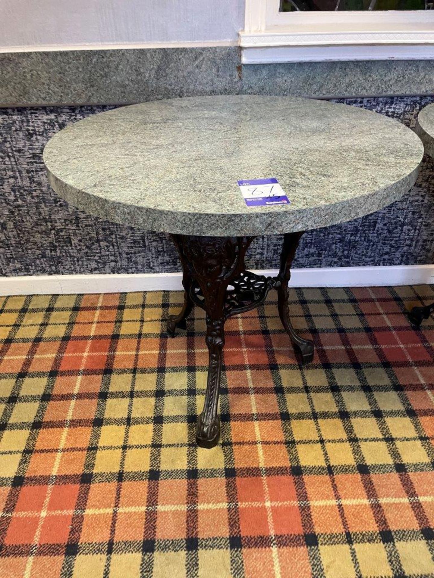 5 x Cast iron legged circular marble effect tables 750mm(d) - Image 3 of 4