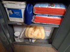 Double door steel cabinet and contents to include spill kits, adhesives, lubricants etc.