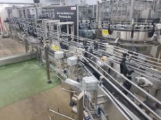 2017 ISOMA single lane slat belt bottle conveyor circa 30m with numerous assorted angle turns -