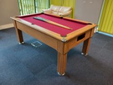 Slate Bed 6’x3’ Red Velvet Pool Table with Spots/ Stripes Balls and Pool Cues – (Pool Table