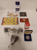 The Pitons St. Lucia Glass Paper Weight; Malta 25 Cent Coin; Various Foreign Coins