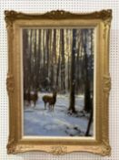 Oil on Canvas of Deer in a Snowy Woodland