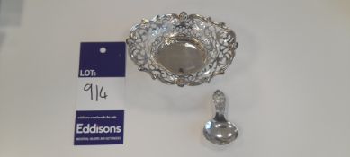 Hallmarked silver small basket, London (1910) & Hallmarked silver tea spoon, Edinburgh (1970)