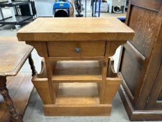 Oak Newspaper Stand Featuring Shelf and Drawer