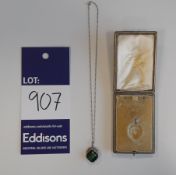 Green gemstone pendant, white metal mounted with fine white metal chain in original box