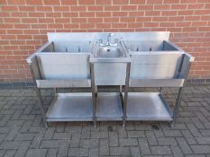 Commercial Stainless Steel Sink Unit. Approximate dimensions: Width 150cm, Depth 65cm, Height floor