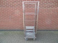 Mobile oven rack with drip tray plug. Approximate dimensions: Width 66cm, Depth 74cm, Height 178cm