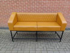 Tan leather bench seat with black metal frame. Width 202cm, depth 63cm, seat height 76cm, total heig