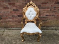 Ornate Gold chair. Approximate dimensions: Width 67cm, depth 55cm, seat height 53cm, total height 12