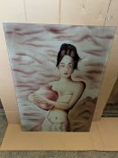 Glass panel with picture of lady. Approx dimensions: Height 115cm, Width 79cm, glass thickness 15mm.