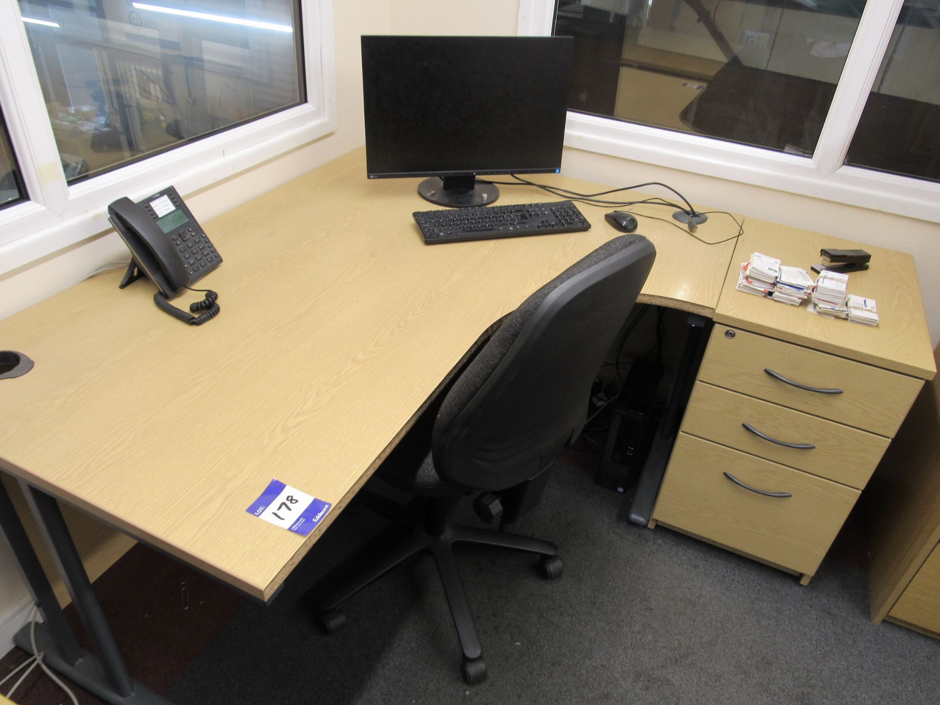 Light oak effect desk with chair and pedestal