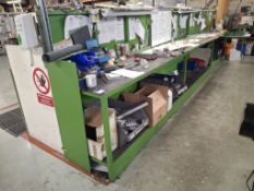 Steel workbench with steel top and back stand, lights and sockets, including whole length of fixed