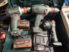 Metabo BS 18 LTX BL Q1 drill, BS 18 LTX quick drill, ULA 14.4-18 torch, 2 x 5.5ah batteries and a