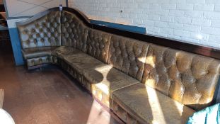 Modular green buttoned leather booth seating with raised corner section, approx 4m – Located in