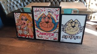3 x Abotz artwork framed posters, to include Money Eyes, Ginger Spice, Burberry Benny – Located in