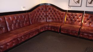 Modular maroon buttoned leather booth seating with 2 raised corner sections, approx 15m – Located in