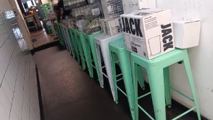 Approx 21 x Tolix style steel stackable bar stools and 3 x stackable bistro chairs – Located in back