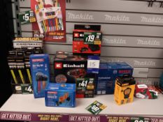 Quantity of tradesmans tools to include Bosch Professional BMI universal holder, Einhell combi drill