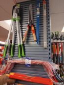 Quantity of gardening equipment to include saw lopper, shears, bow saws, arvil loppers,