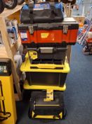Quantity of toolboxes and storage boxes to include Faithful hard based toolbag, Stanley fatmax