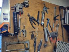 2 walls of hand tools including pliers, spanners, mole grips, air tools, hacksaws etc