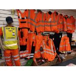 Quantity of orange hi-viz clothing to include jackets, trousers, waders, coats, hoodies, steel toe