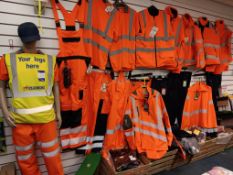 Quantity of orange hi-viz clothing to include jackets, trousers, waders, coats, hoodies, steel toe
