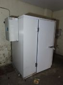 Small single door walk-in refrigerator. Dimensions 1.5 x 1.2 x 2m tall. Also includes internal racki