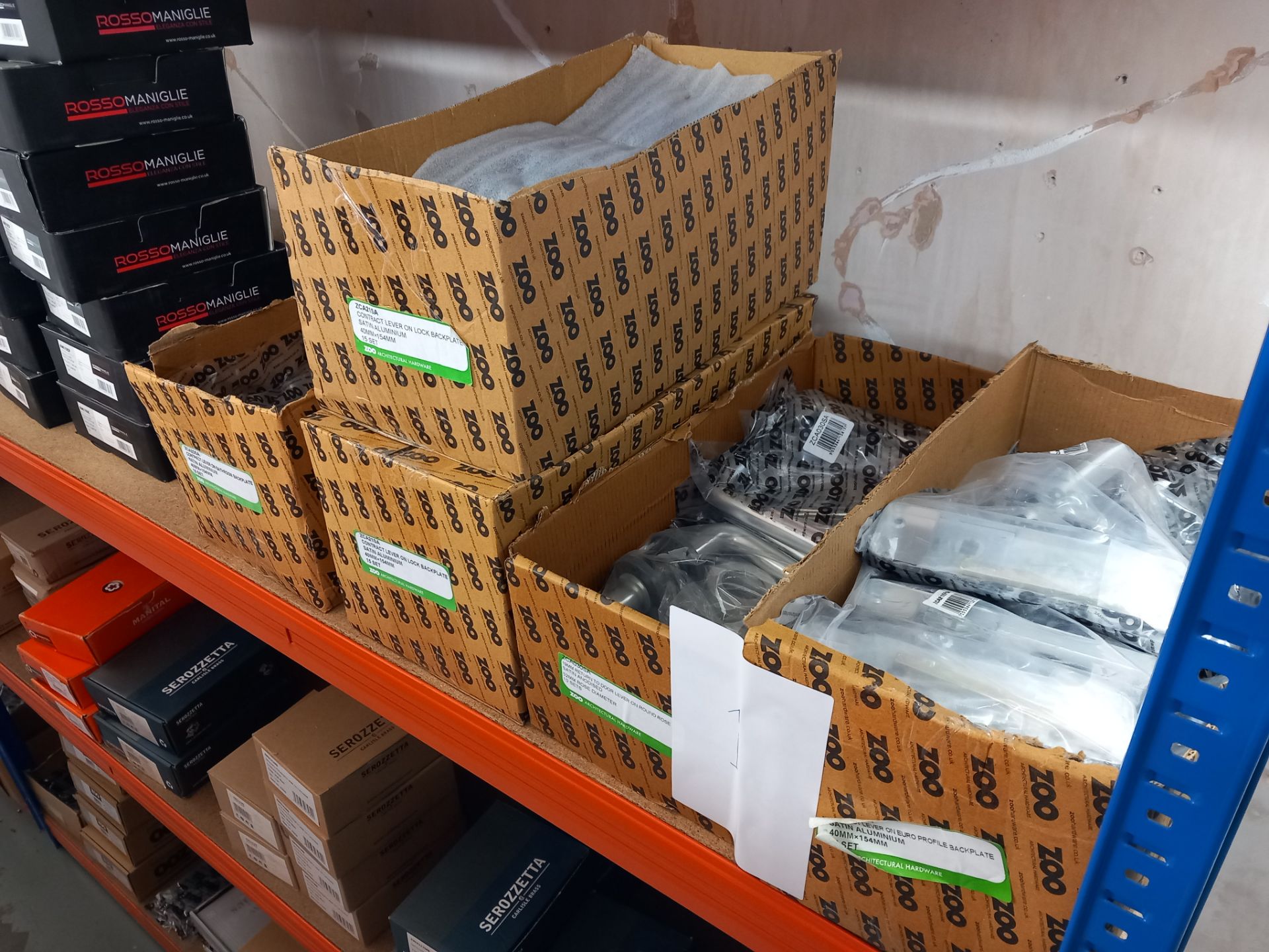 Assortment of lever door handles on rows and back plates with various finishes to include Zoo - Image 3 of 11