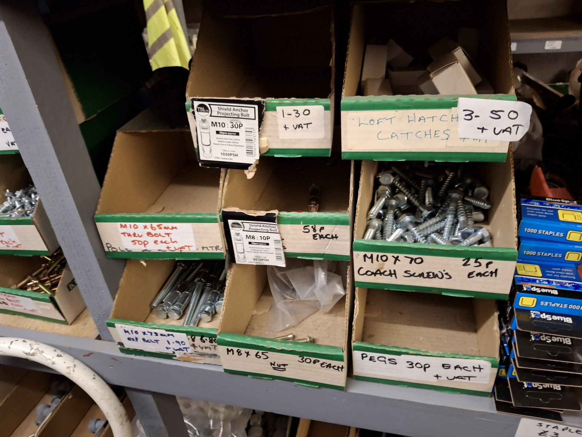 Contents of 4 bays of racking (front facing half only) to include brass ...