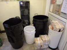Contents of trade entrance to include large quantity of buckets, bins, Ronseal one coat, shovels,