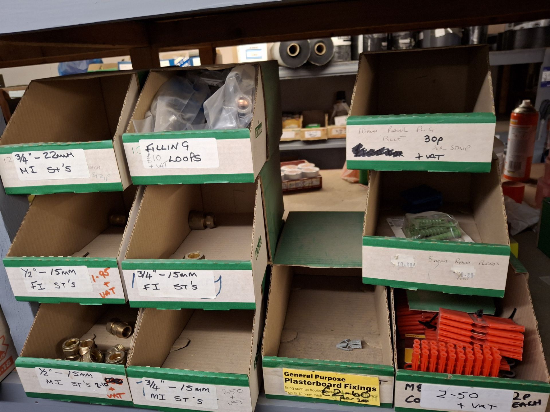 Contents of 4 bays of racking (front facing half only) to include brass ...